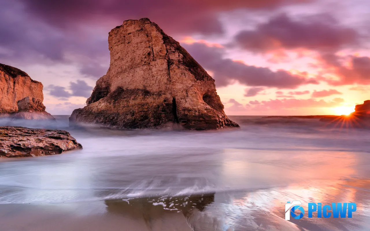 Massive Rock Sunset Coast Beach California USA 5K PC Wallpaper