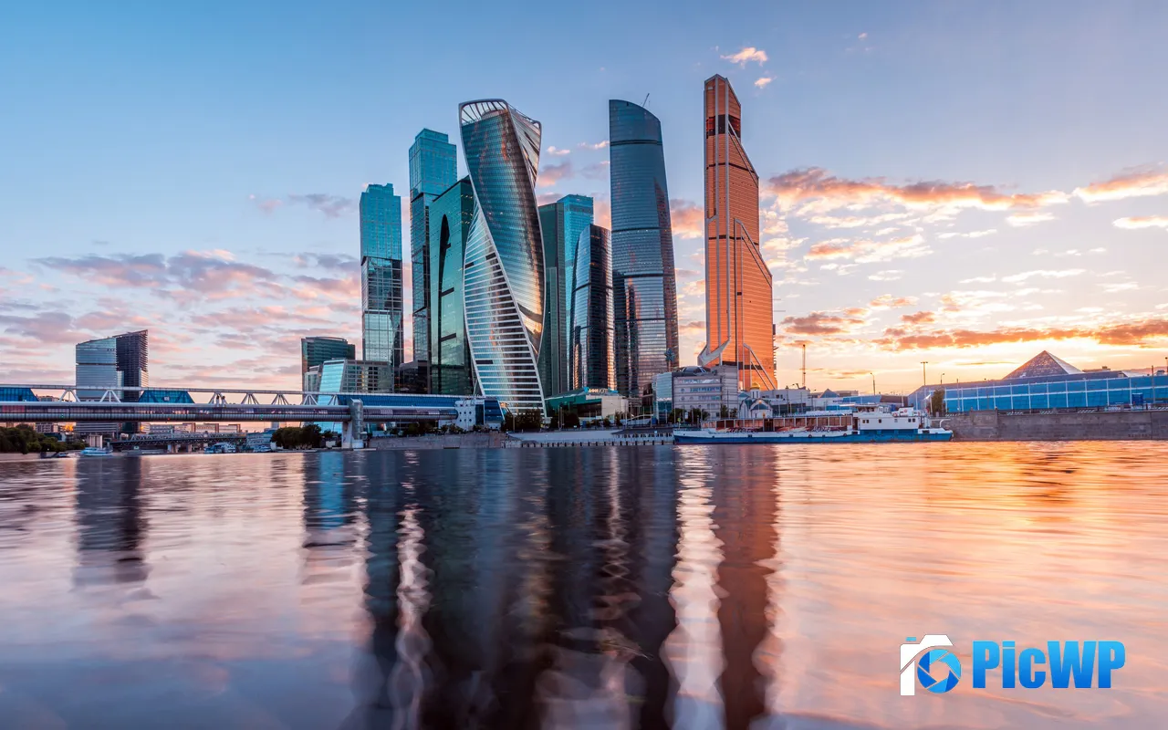 Moscow International Business Center Sunset Moskva River Russia 5K PC Wallpaper