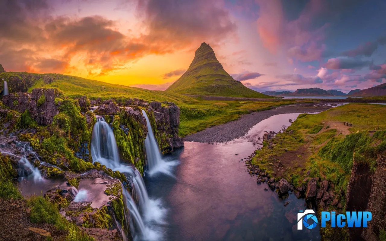 Waterfall Kirkjufell Iceland Sunset River Landscape 5K PC Wallpaper