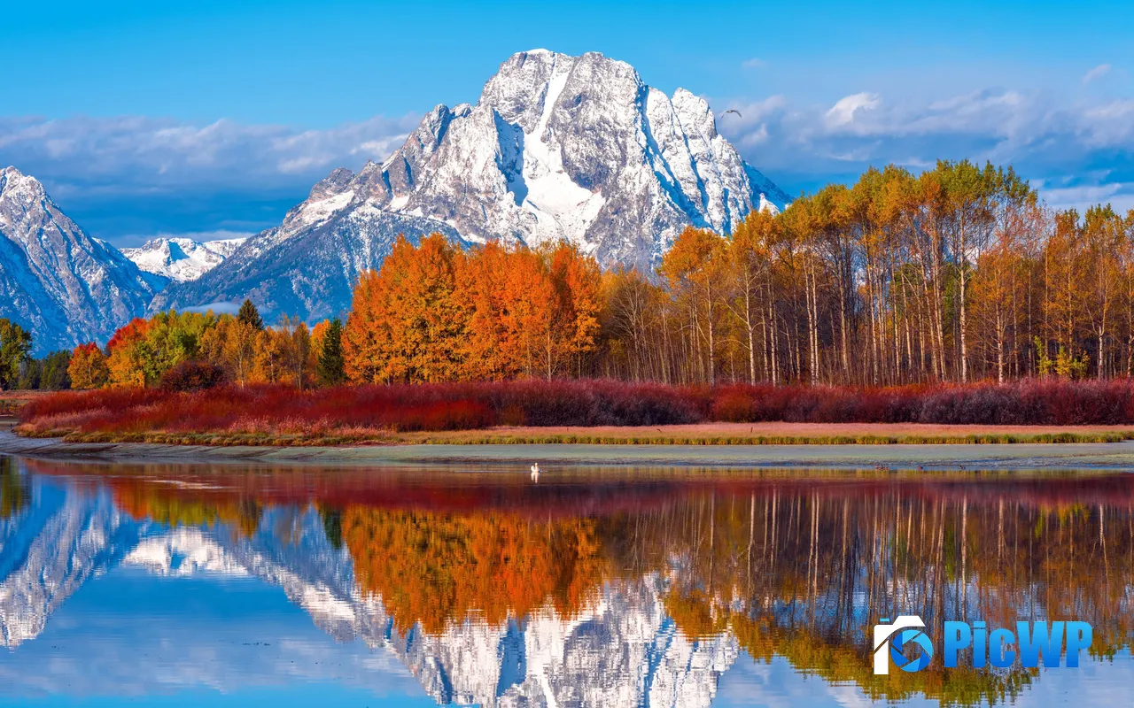 Snow Mountain Lake Nature Landscape Autumn 5K PC Wallpaper
