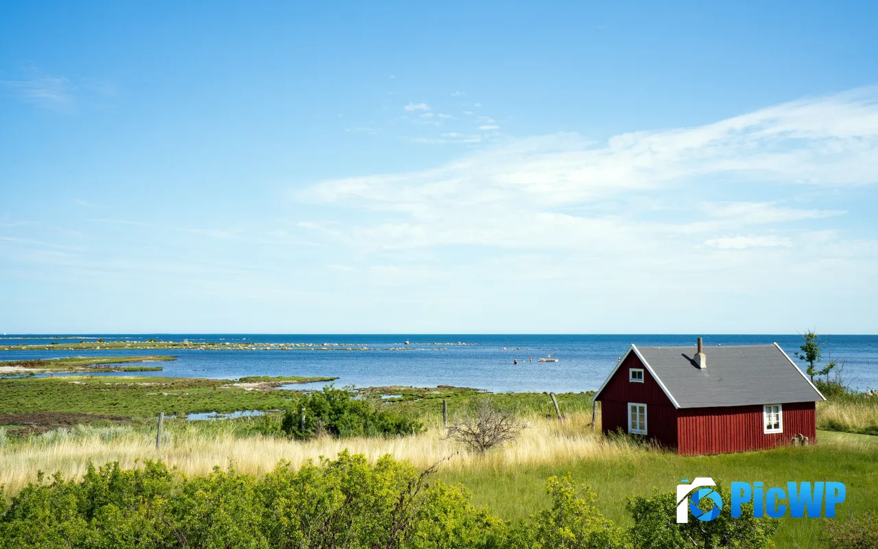 Coast Skyline Meadow Red House Kristianopel Sweden 5K PC Wallpaper