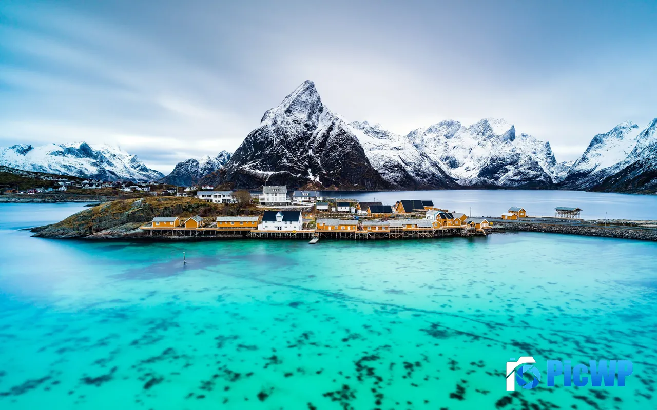 Port Fishing Village Winter Snowy Mountains Norway 5K PC Wallpaper
