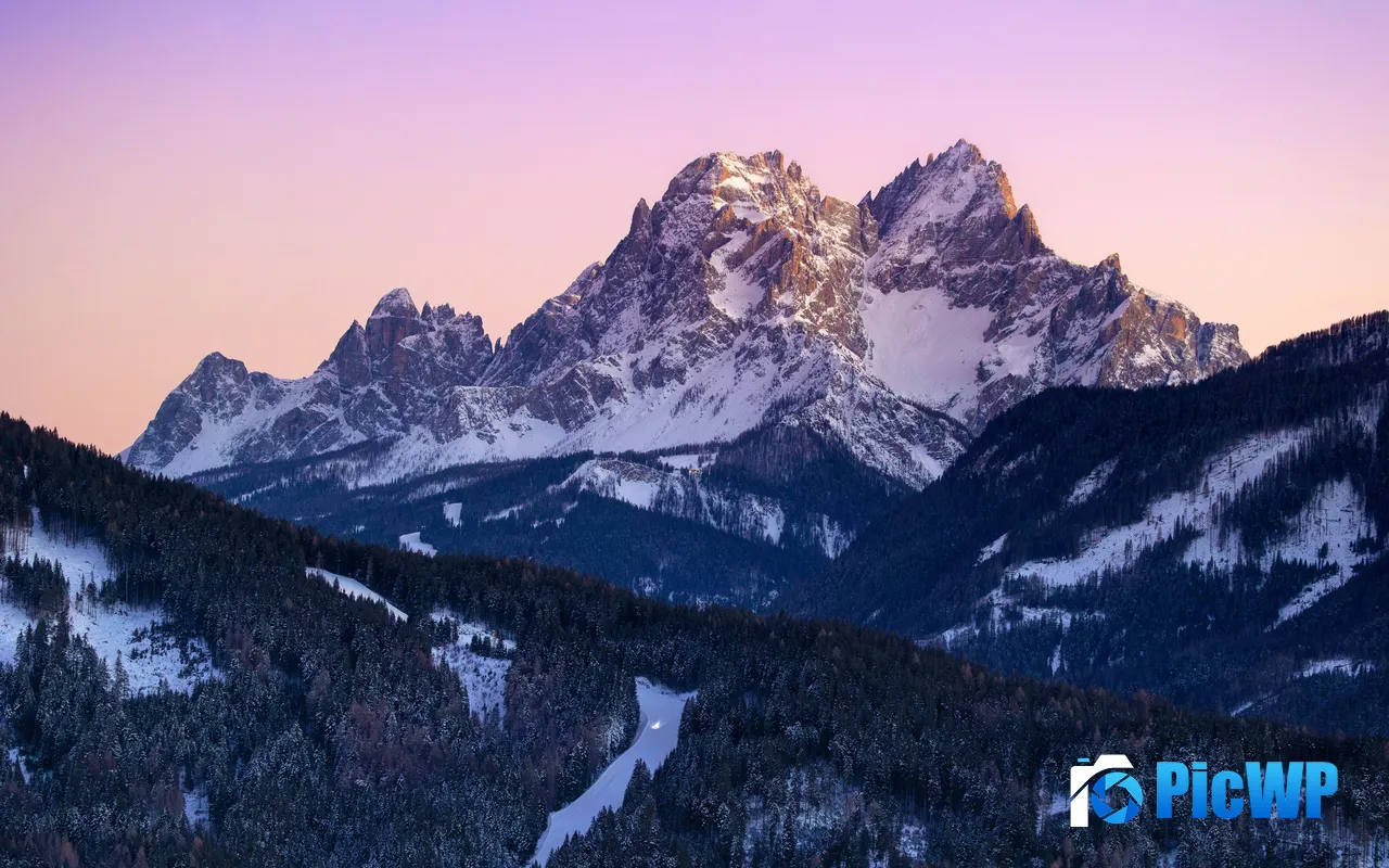 Snow mountain Hillside Dusk Forest Peak Italy 5K PC Wallpaper