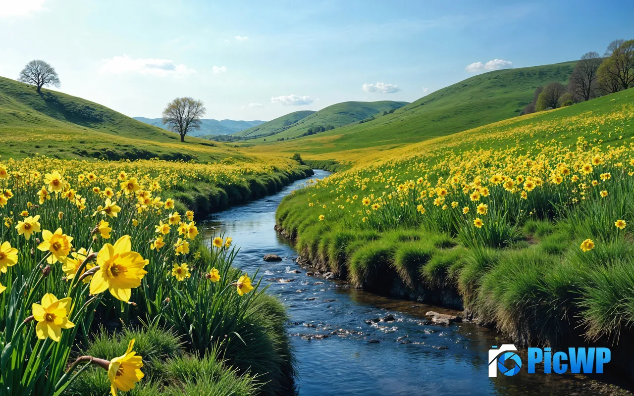 Grassland Mountains River Spring Flowers Meadow 5K PC Wallpaper