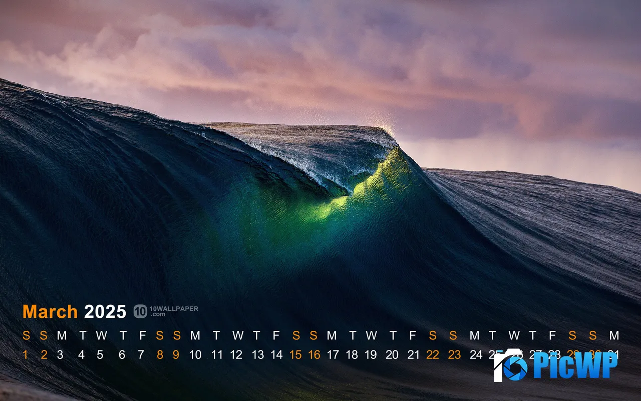 Sunset Tides Green Wave 2025 March Calendar 5K PC Wallpaper
