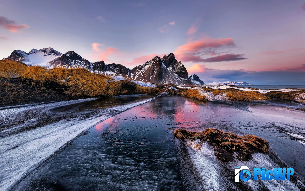 Iceland Sunset Coast Snow Mountains Sea 5K PC Wallpaper