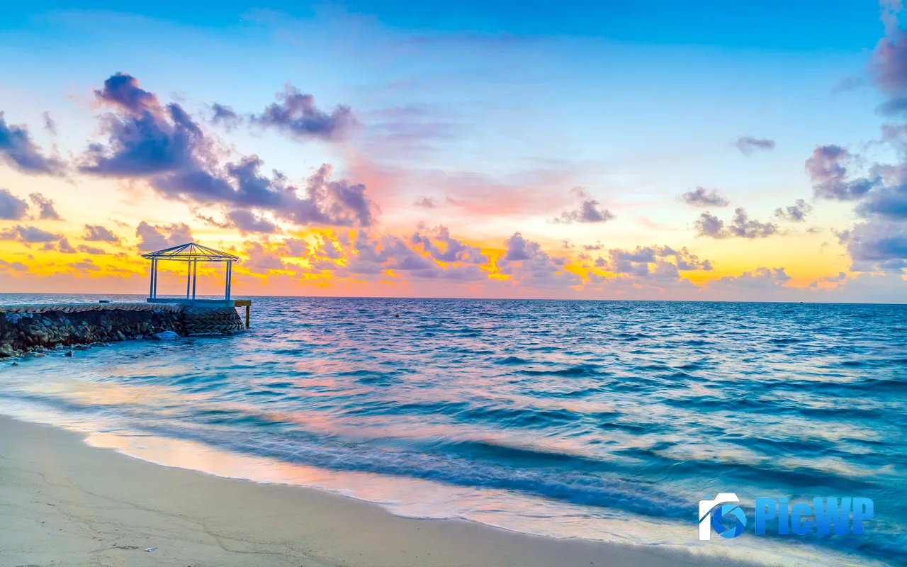 Sky Coast Beach Holiday Relax Sunrise Pier 5K PC Wallpaper
