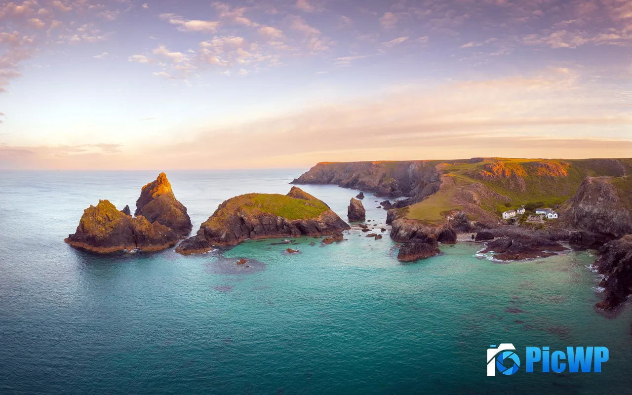 Coast Island Cape Houses Sunset Skyline 5K PC Wallpaper