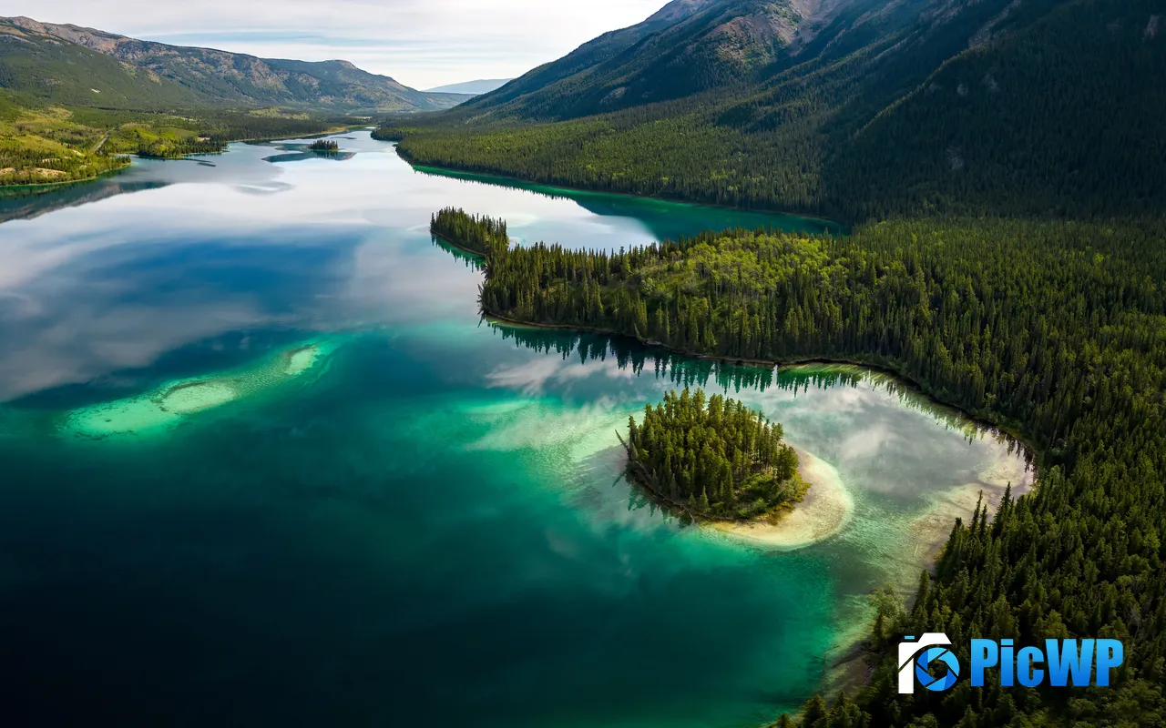 Lake Island Aerial View Forest Park Mountains 5K PC Wallpaper