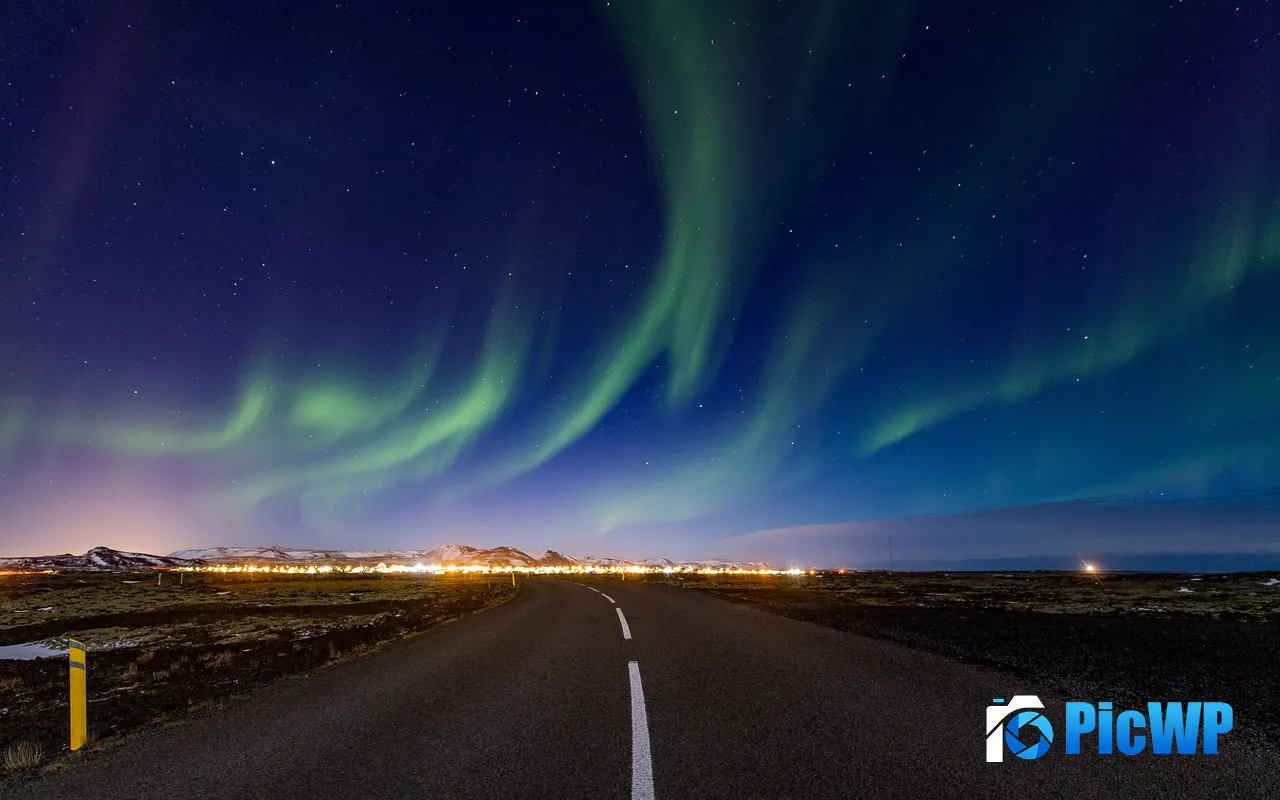 Iceland Night Aurora Road Adventure Journey Sky 5K PC Wallpaper