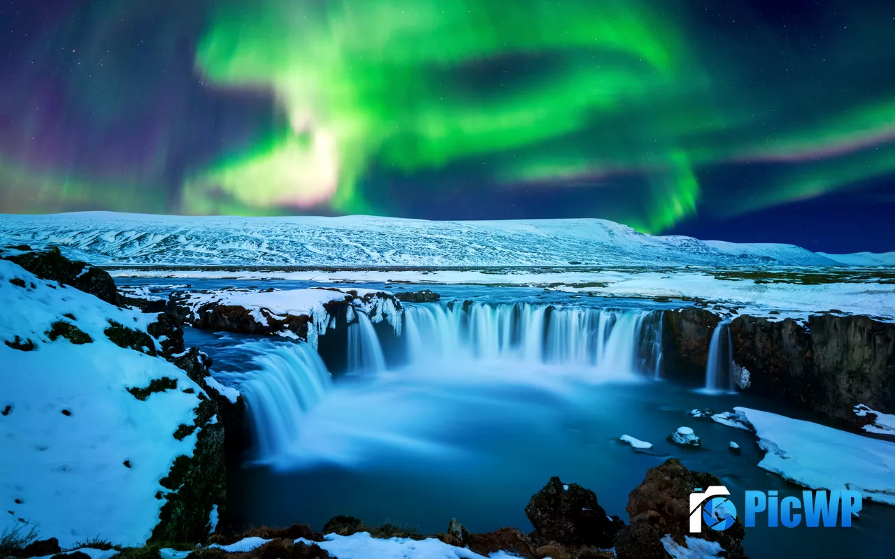 Northern light Godafoss Waterfall River Winter <font color=red>Iceland</font> 5K PC Wallpaper