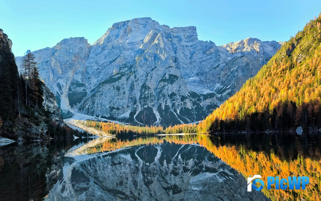 Autumn Italy Dolomites Valley <font color=red>Lake</font> Gold Forest 5K PC Wallpaper