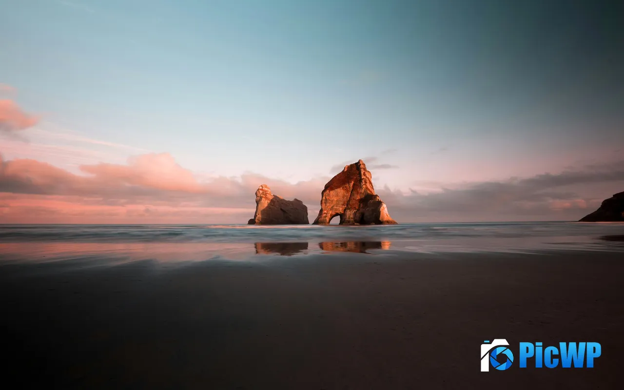 Beach Coast <font color=red>Sunset</font> Archway Islands Tasman New Zealand 5K PC Wallpaper