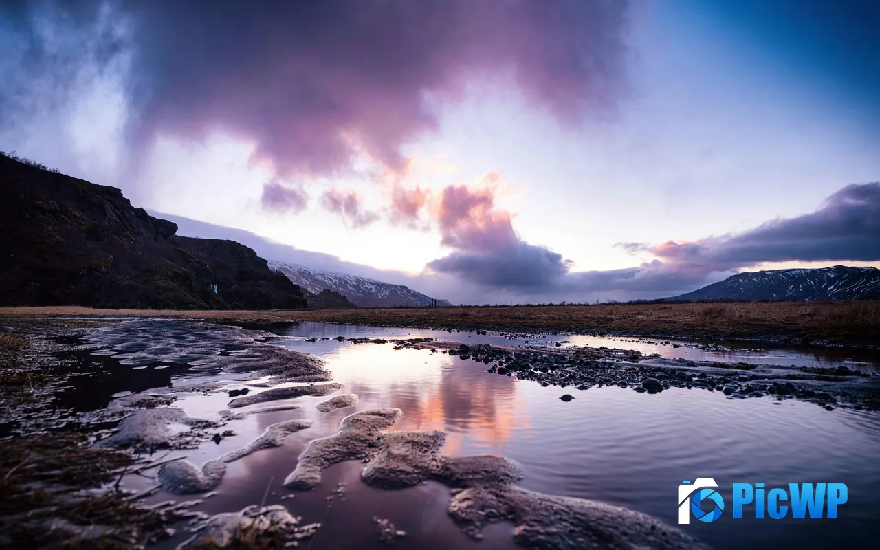 National Wetlands Park River Snow Mountains Dusk 5K PC Wallpaper