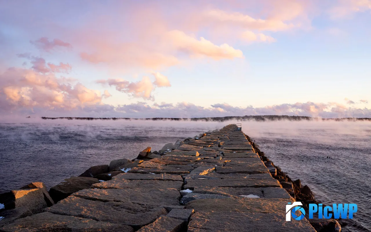 Pier Port <font color=red>Rocks</font> Sunset Rockland ME USA 5K PC Wallpaper