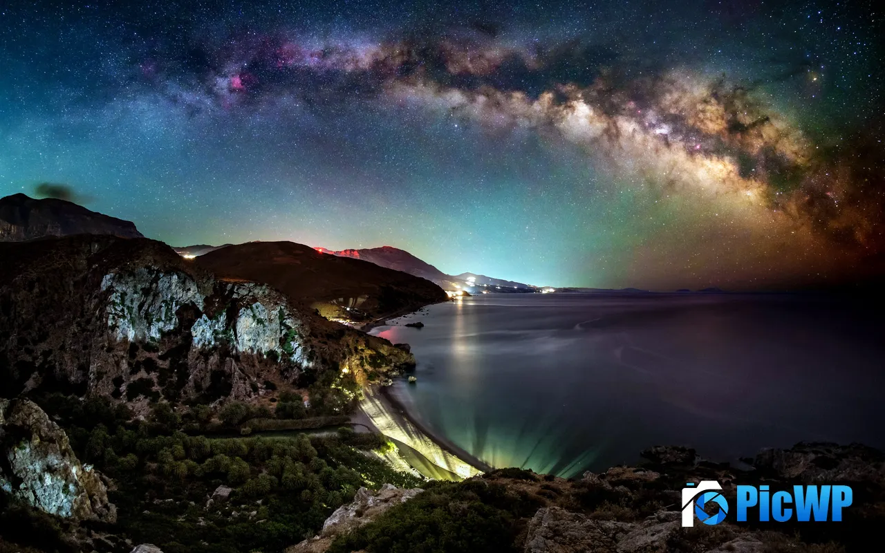 Starry Sky Milky Way Coast Night Crete Island Greece 5K PC Wallpaper