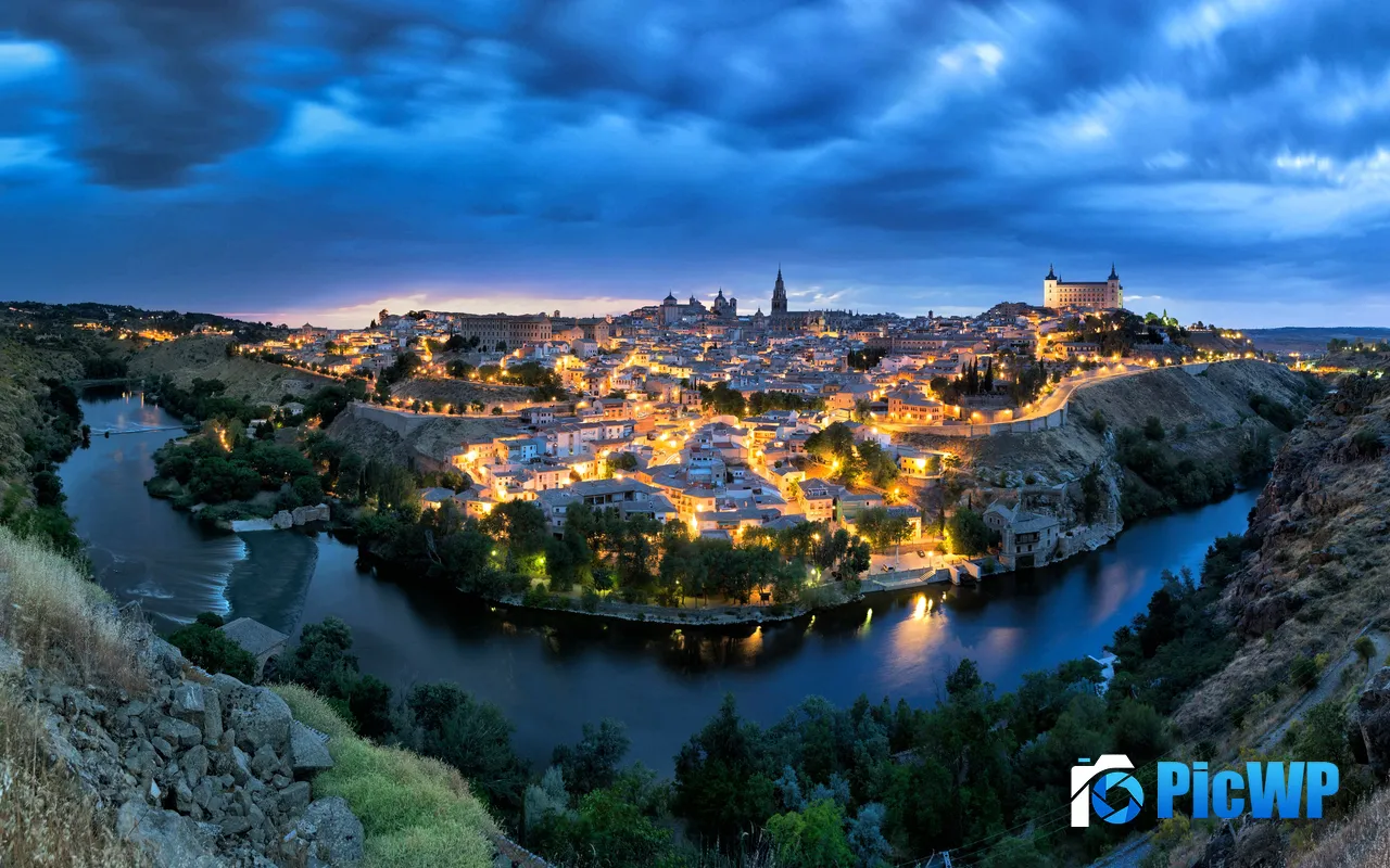 Town Night River Iberian Peninsula Toledo Spain 5K PC Wallpaper