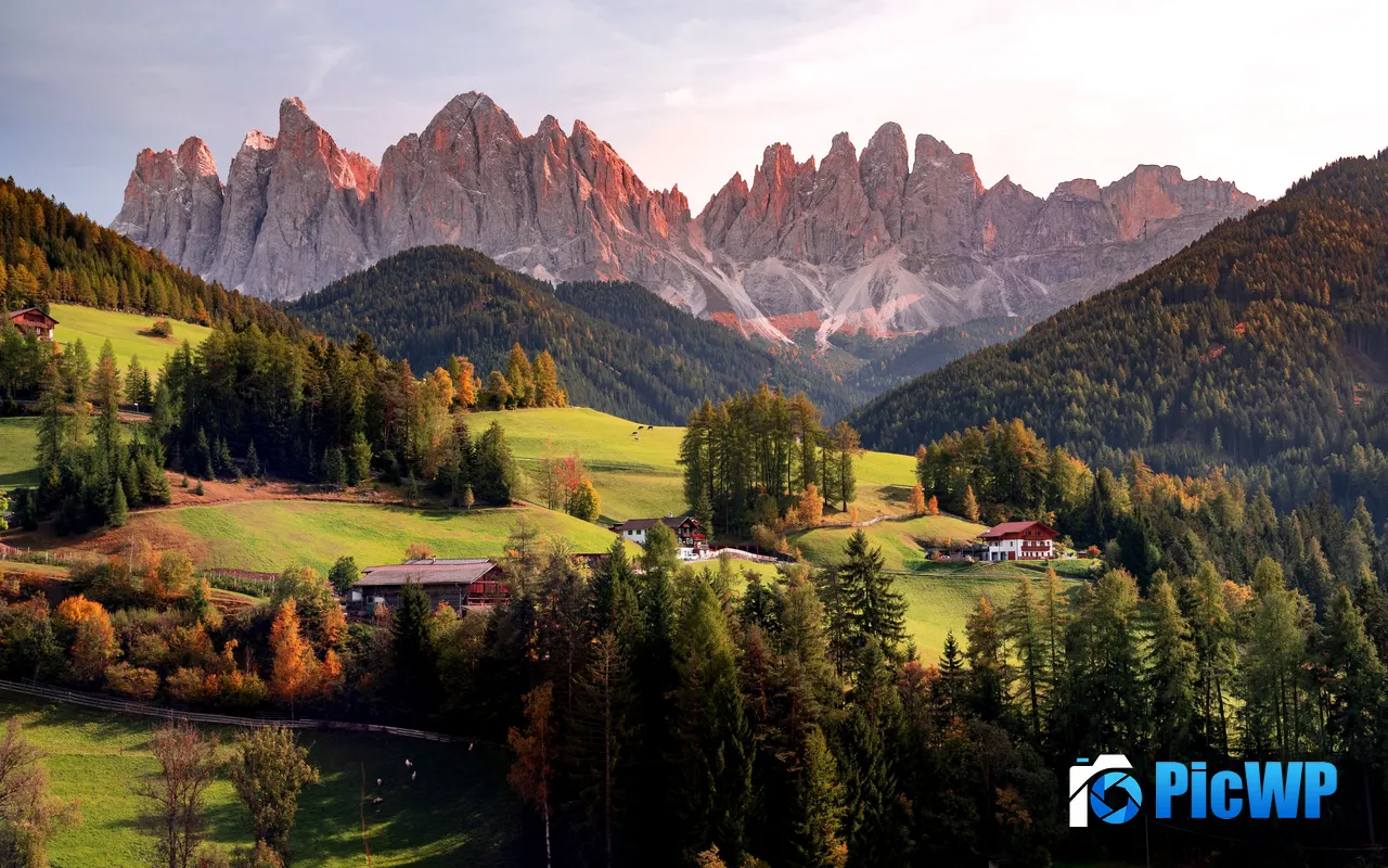 <font color=red>Autumn</font> Houses Green Field Dolomites Mountain Italy 5K PC Wallpaper