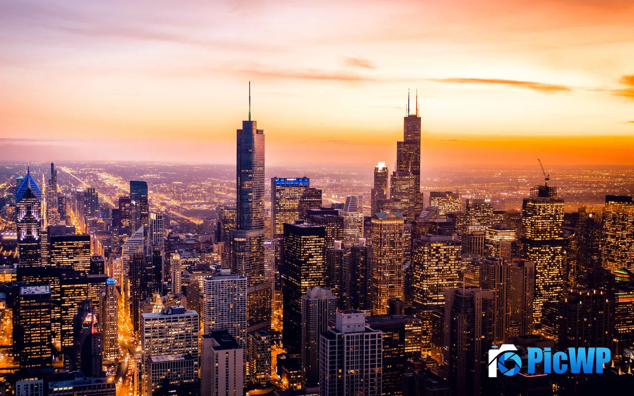 Modern City Skyscraper Golden <font color=red>Sunset</font> Aerial View 5K PC Wallpaper