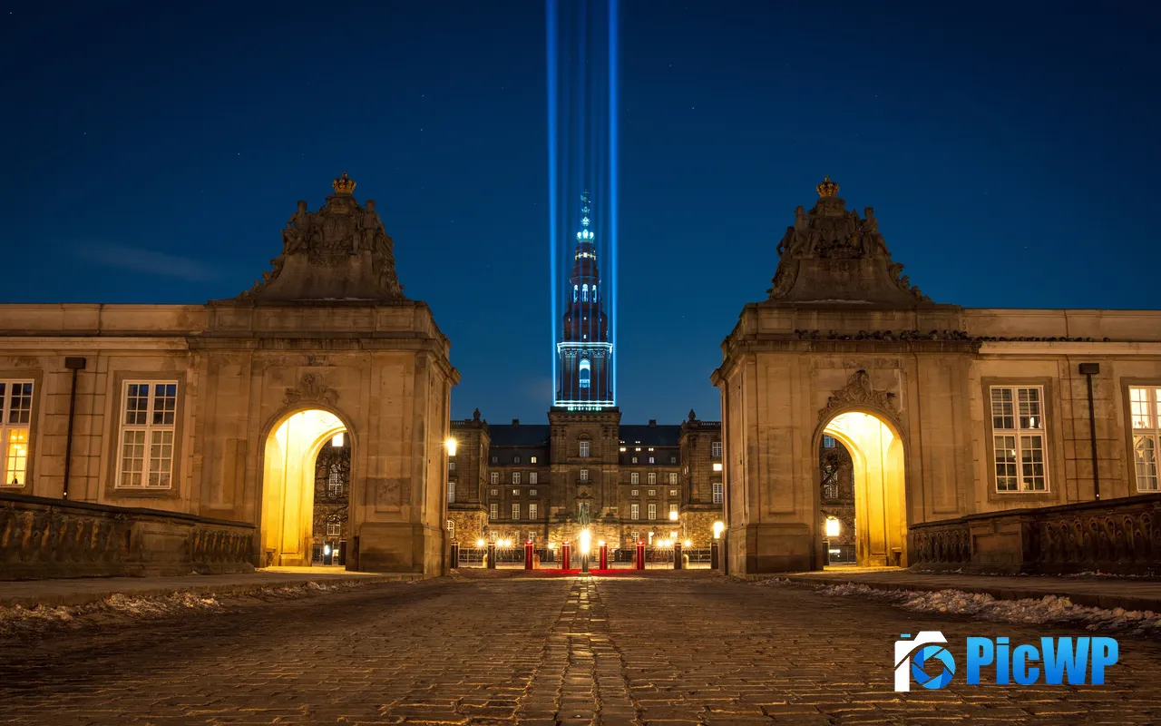 Danish Parliament Christiansborg Palace Laser Night 5K PC Wallpaper
