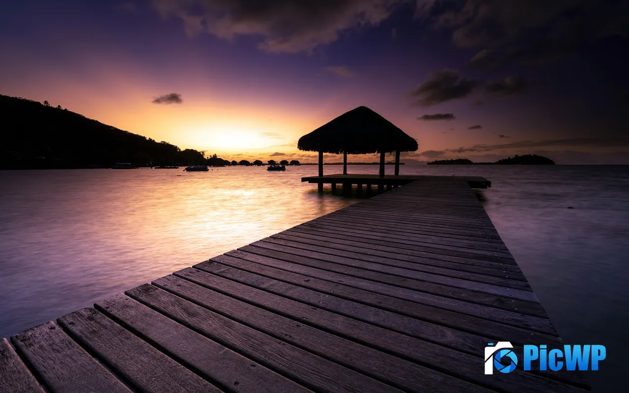 Floating Bridge Pavilion Sunset Ocean Bora Bora <font color=red>French</font> Polynesia 5K PC Wallpaper