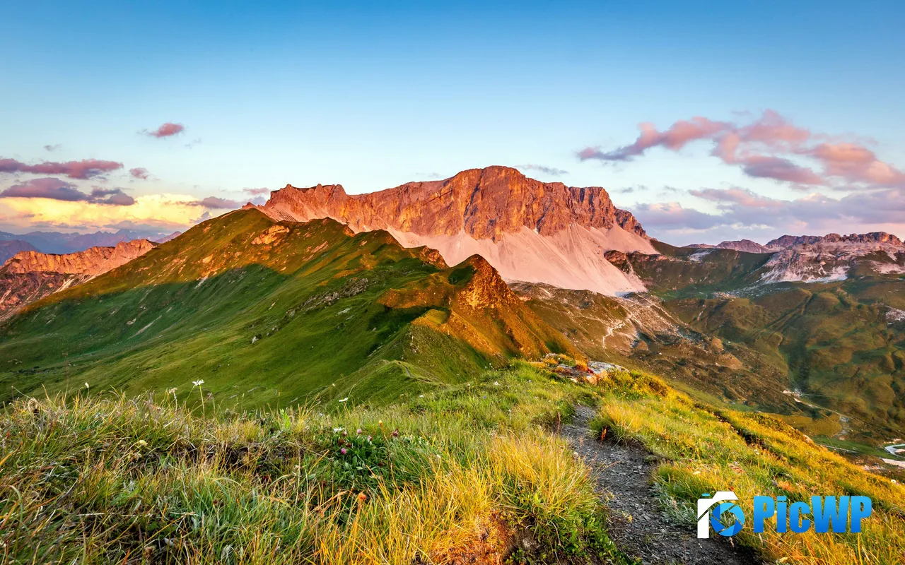 Mount Peak Sunset Meadow Jeglischhorn Switzerland 5K PC Wallpaper