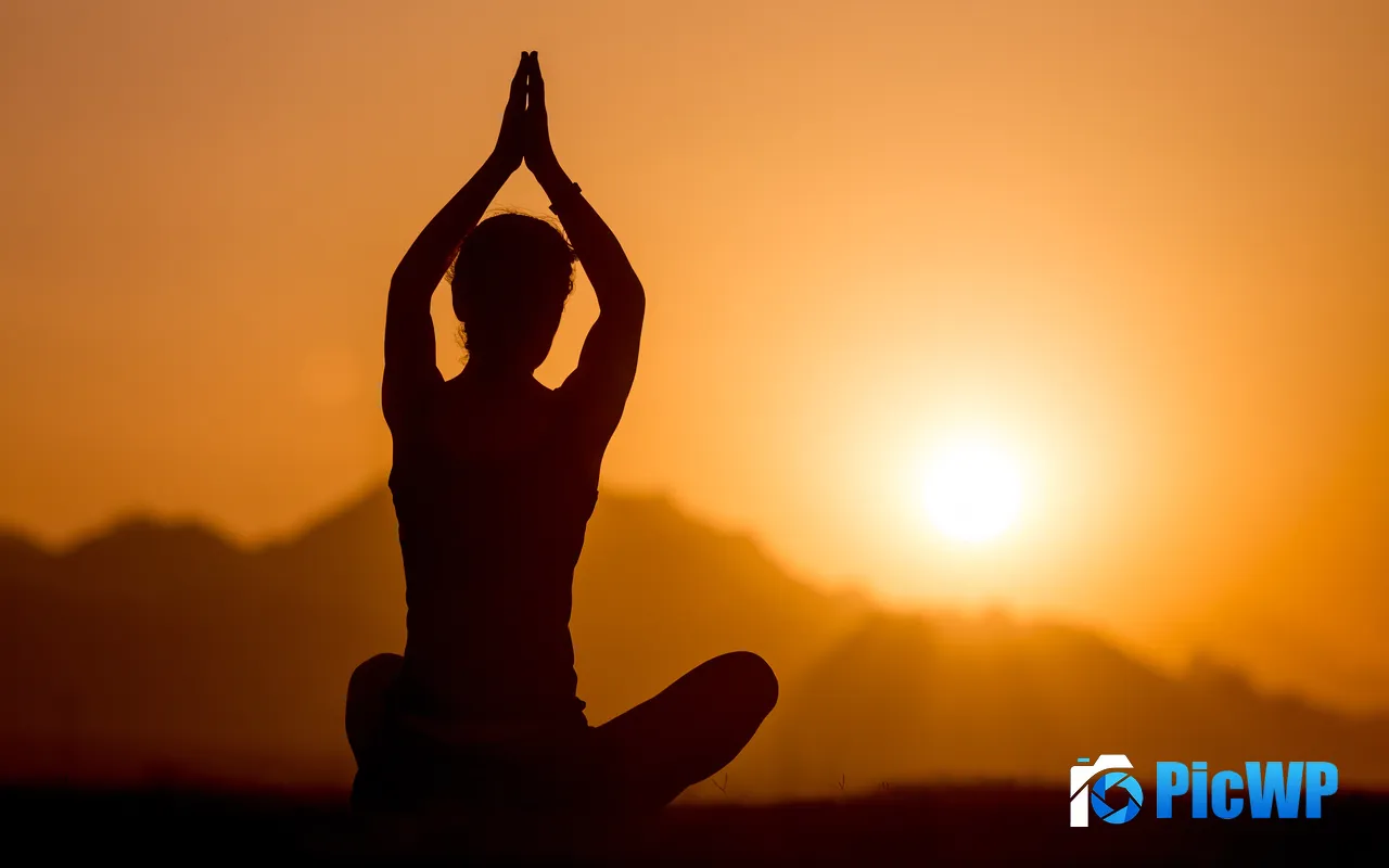 Yoga Practice Fitness Mountains Sunset Bright 5K PC Wallpaper