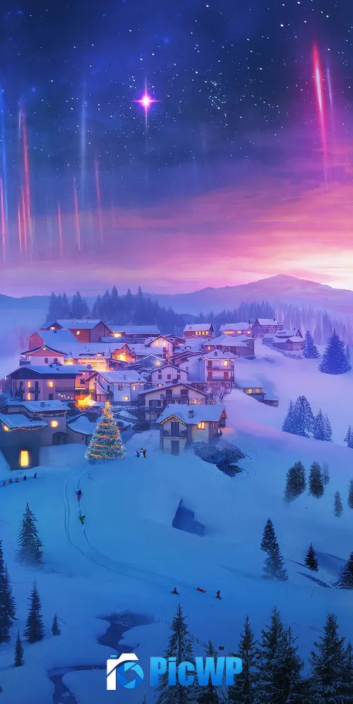 Snowy village Winter 3K Mobile Wallpaper