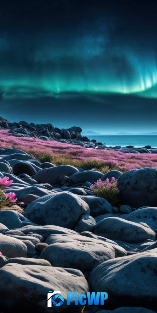 Rocky beach Aurora sky 3K Mobile Wallpaper