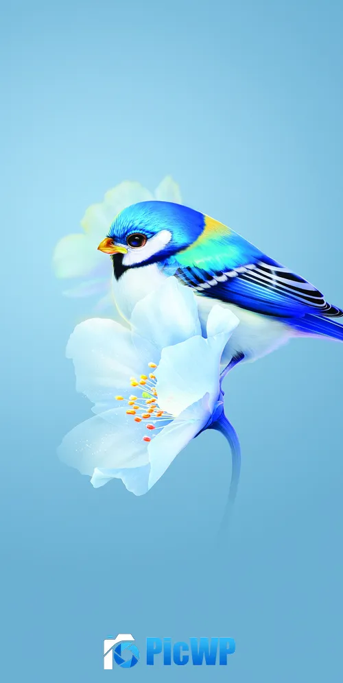 Cute bird Blue flower 3K Mobile Wallpaper