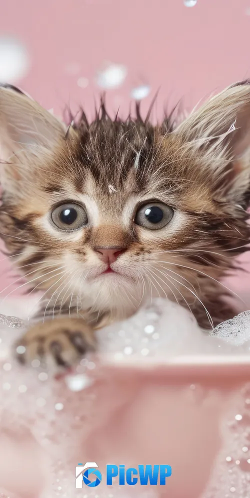 Cute Kitten Bath time 3K Mobile Wallpaper