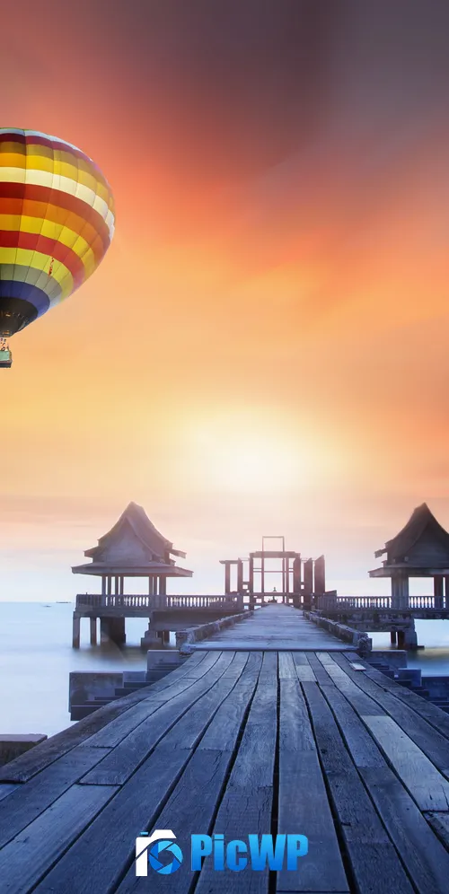 Wooden pier Hot air balloons 3K Mobile Wallpaper