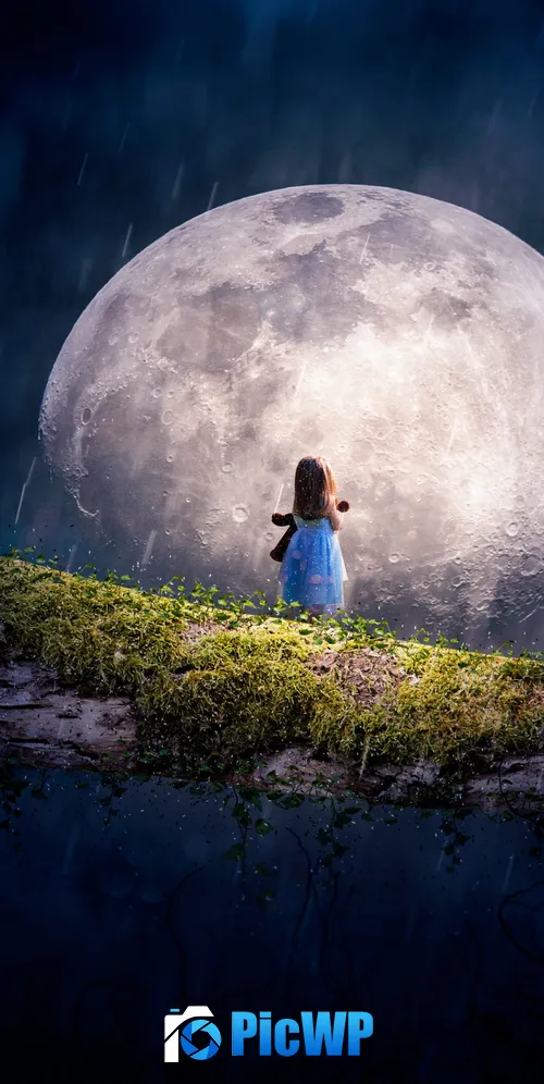 Moon Cute Girl 3K Mobile Wallpaper