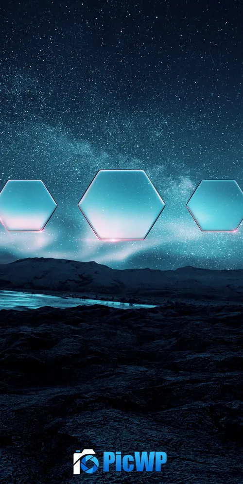 Digital art of Hexagons, Mountains, Stars, Aurora borealis 3K Mobile Wallpaper