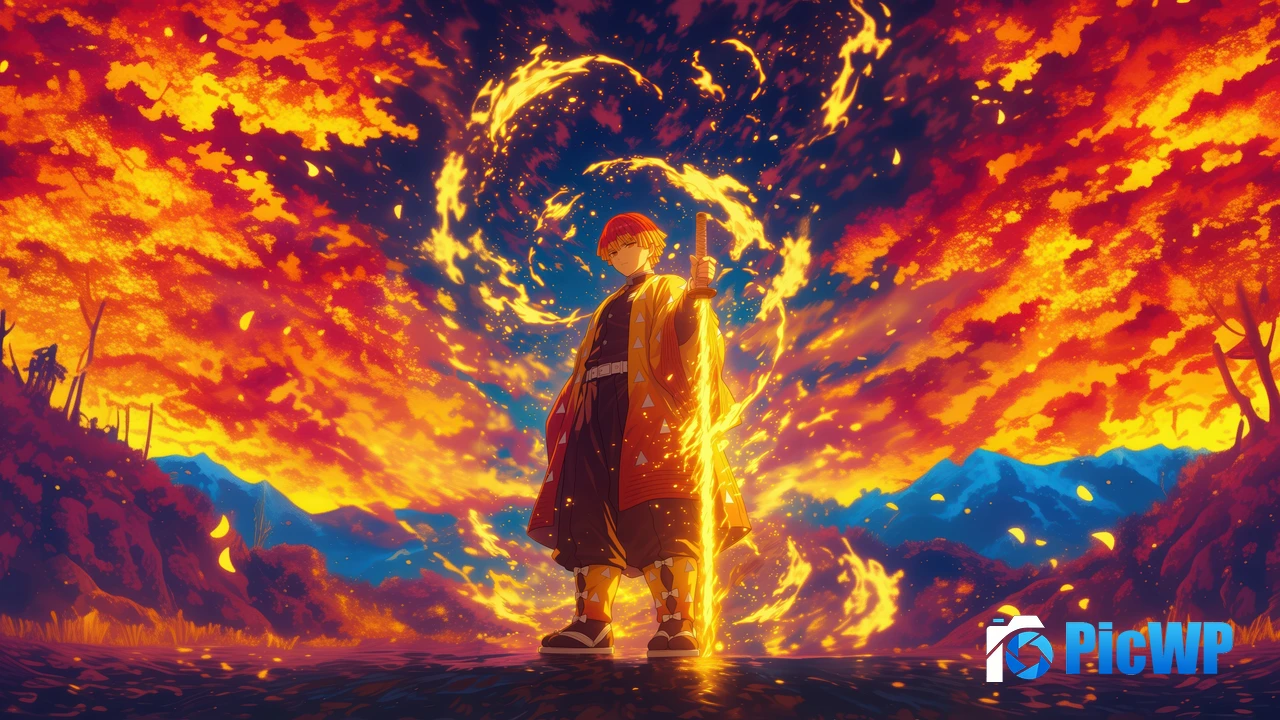 Zenitsu Agatsuma Fire effect 4K PC Wallpaper