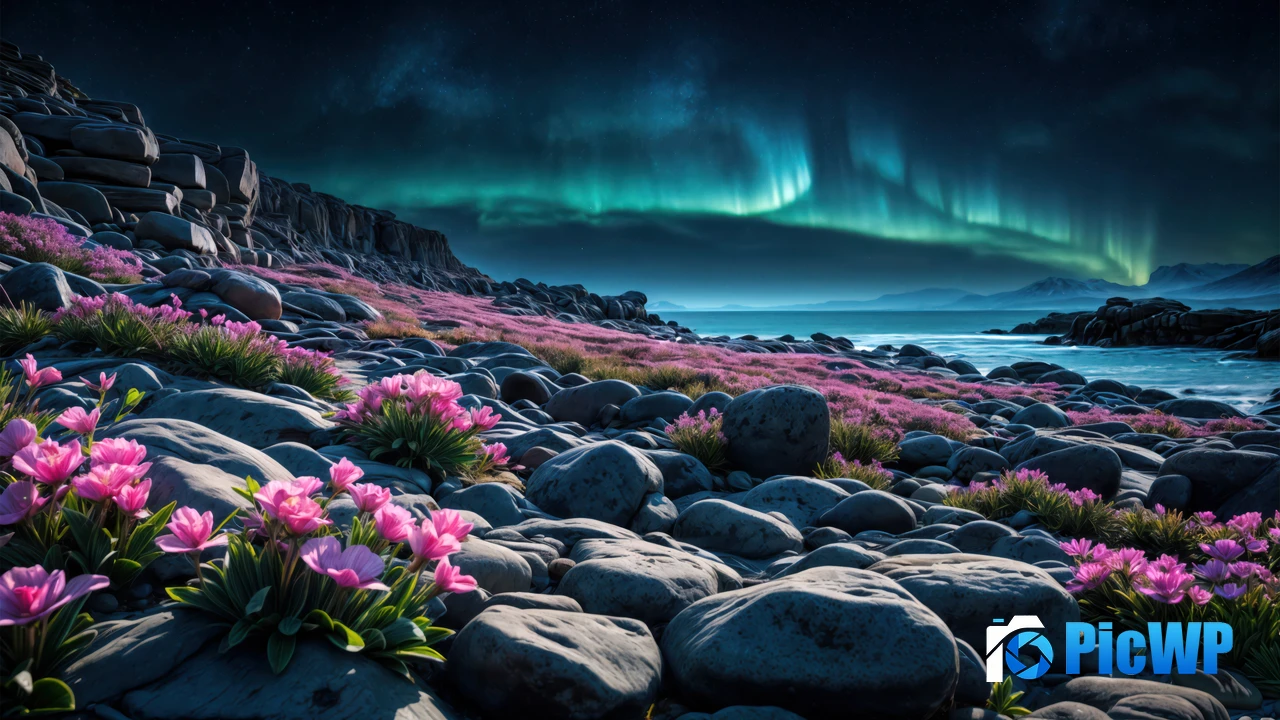 Rocky beach Aurora sky 4K PC Wallpaper