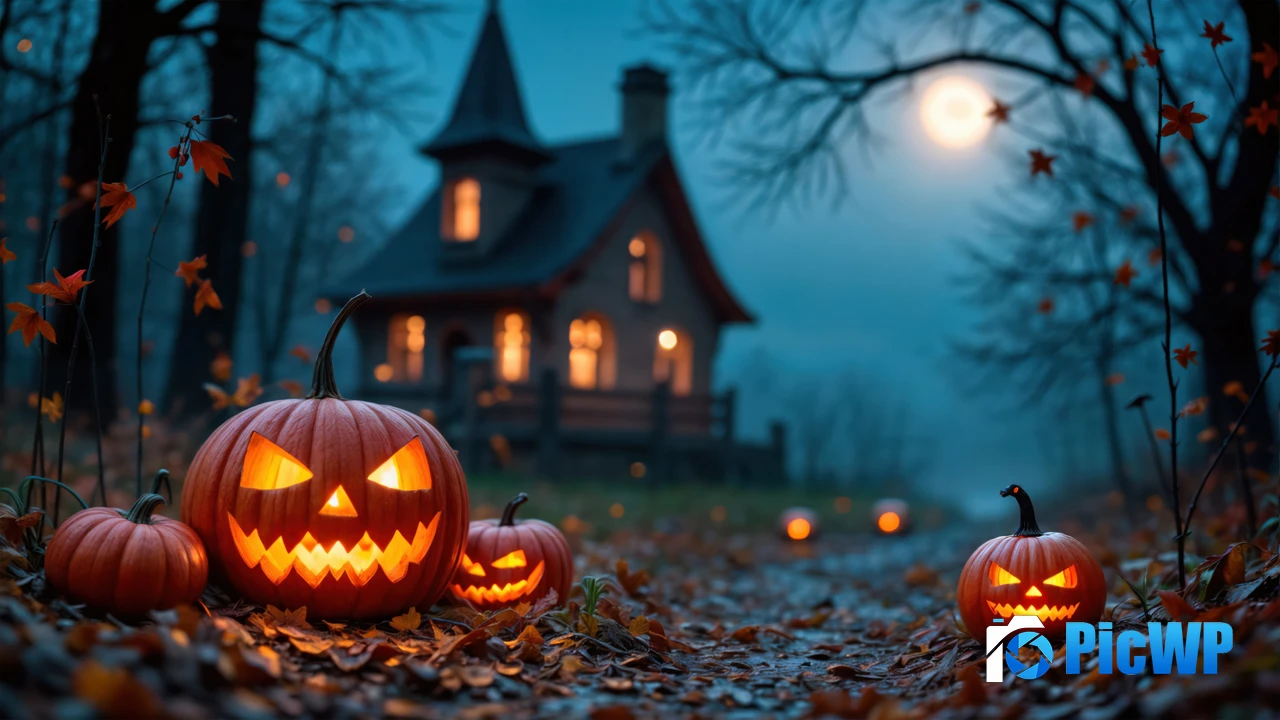 Haunted house Halloween pumpkins 4K PC Wallpaper