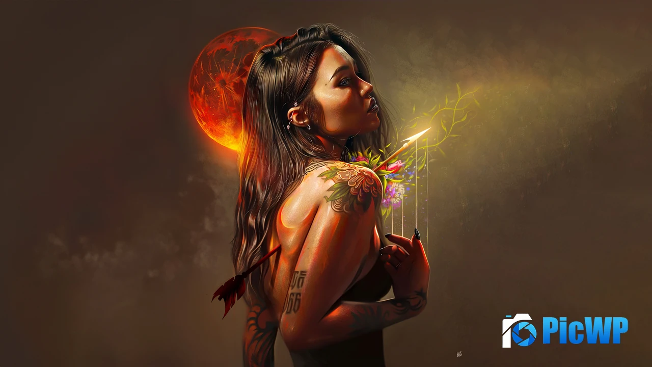 Red moon Fantasy girl 4K PC Wallpaper