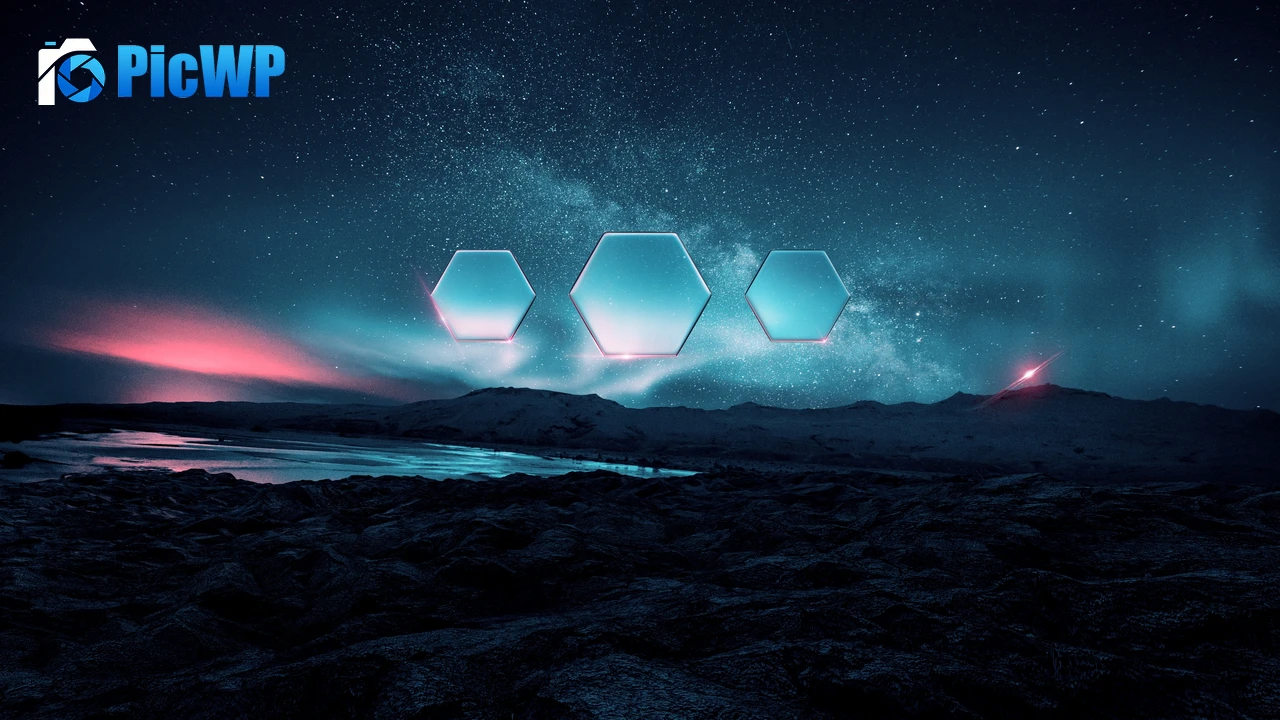 Digital art of Hexagons, Mountains, Stars, Aurora borealis 4K PC Wallpaper