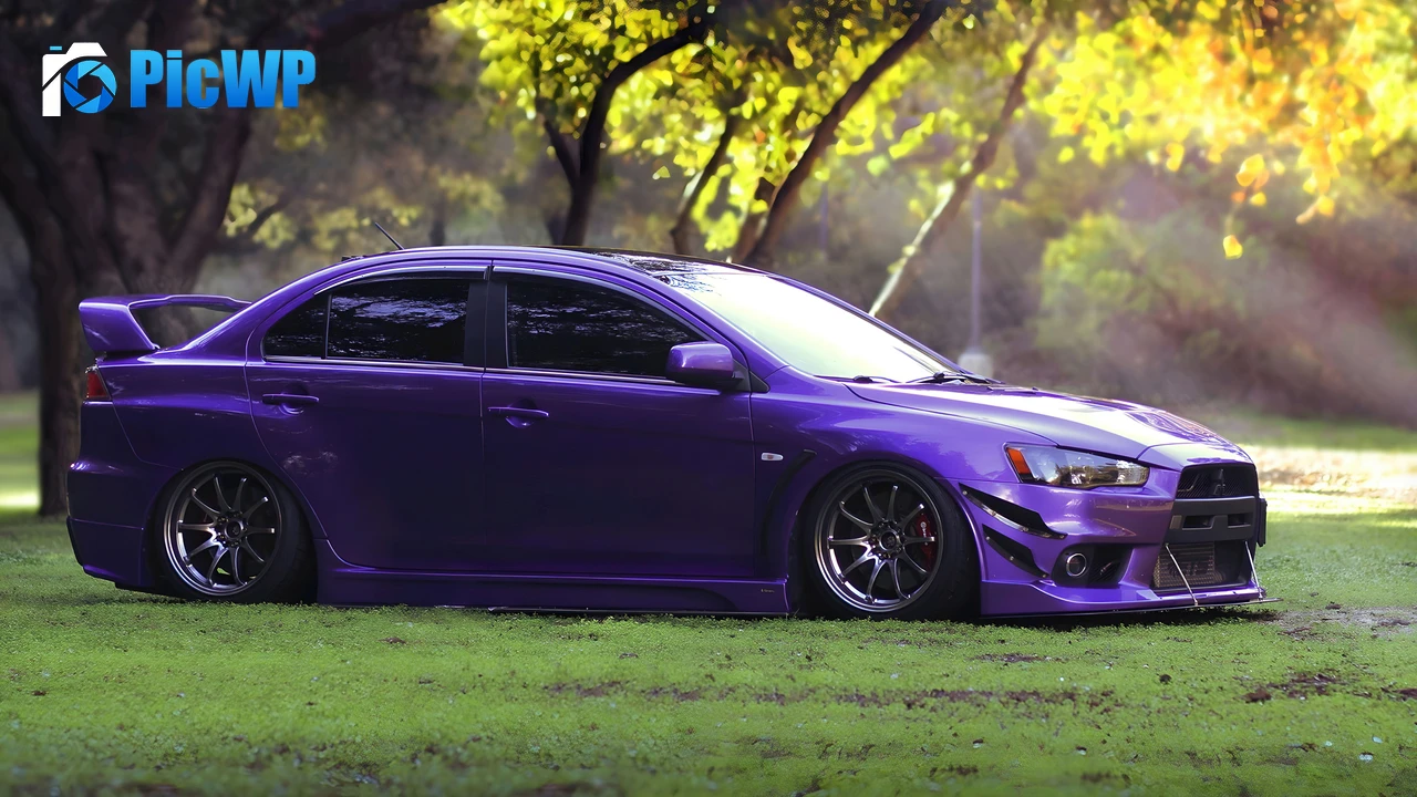 Mitsubishi Lancer Evolution Purple aesthetic 4K PC Wallpaper