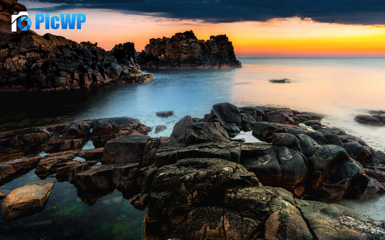 Rocky coast Sunset Orange 6K PC Wallpaper