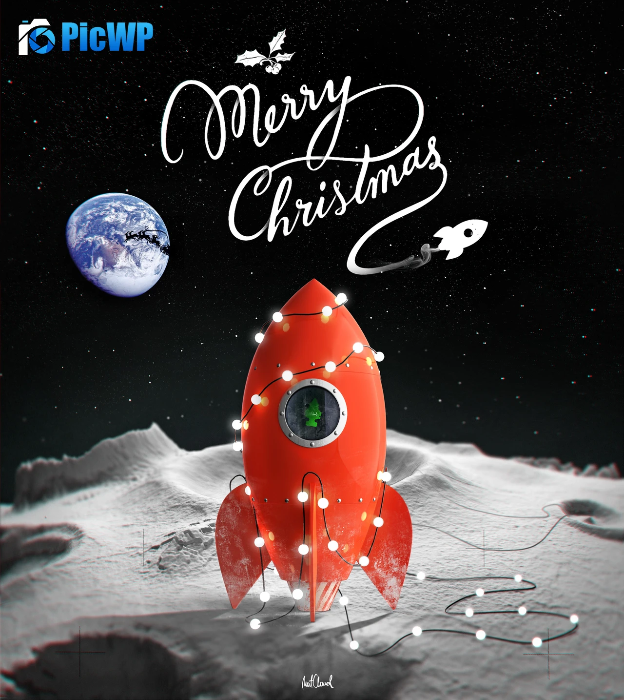 Merry Christmas Rocket 5K Mobile Wallpaper
